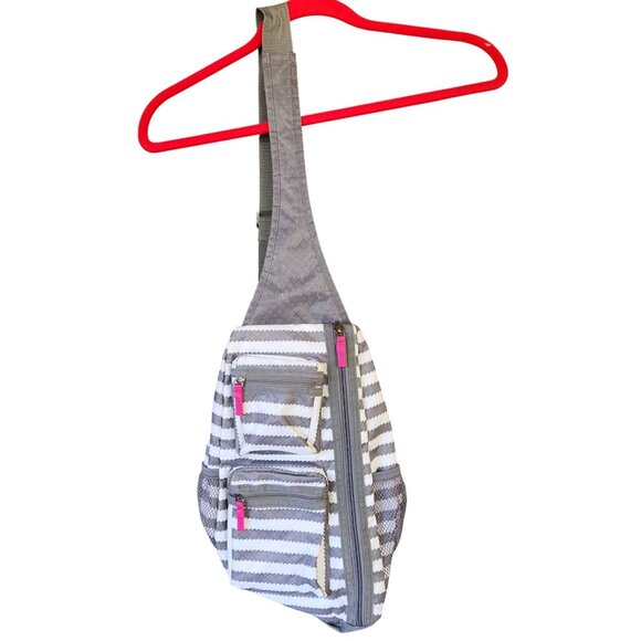 Thirty One Sling Bag  Adjustable Backpack Gray & White Stripe Pink Lining - Picture 1 of 13